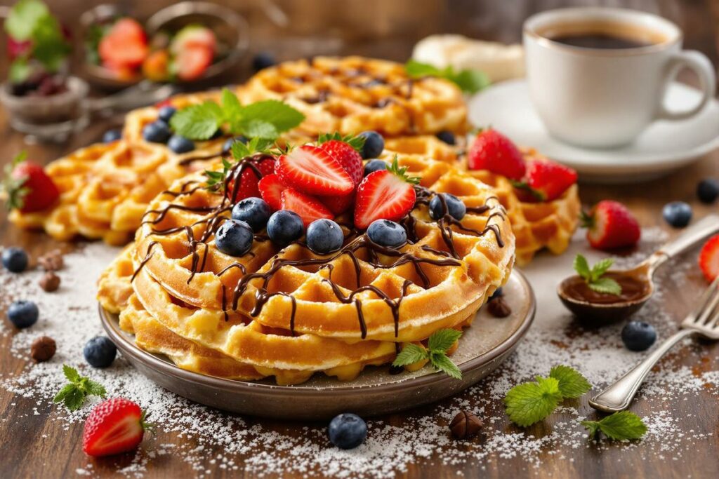 Gaufres maison dorées avec fruits colorés, chocolat fondu et café