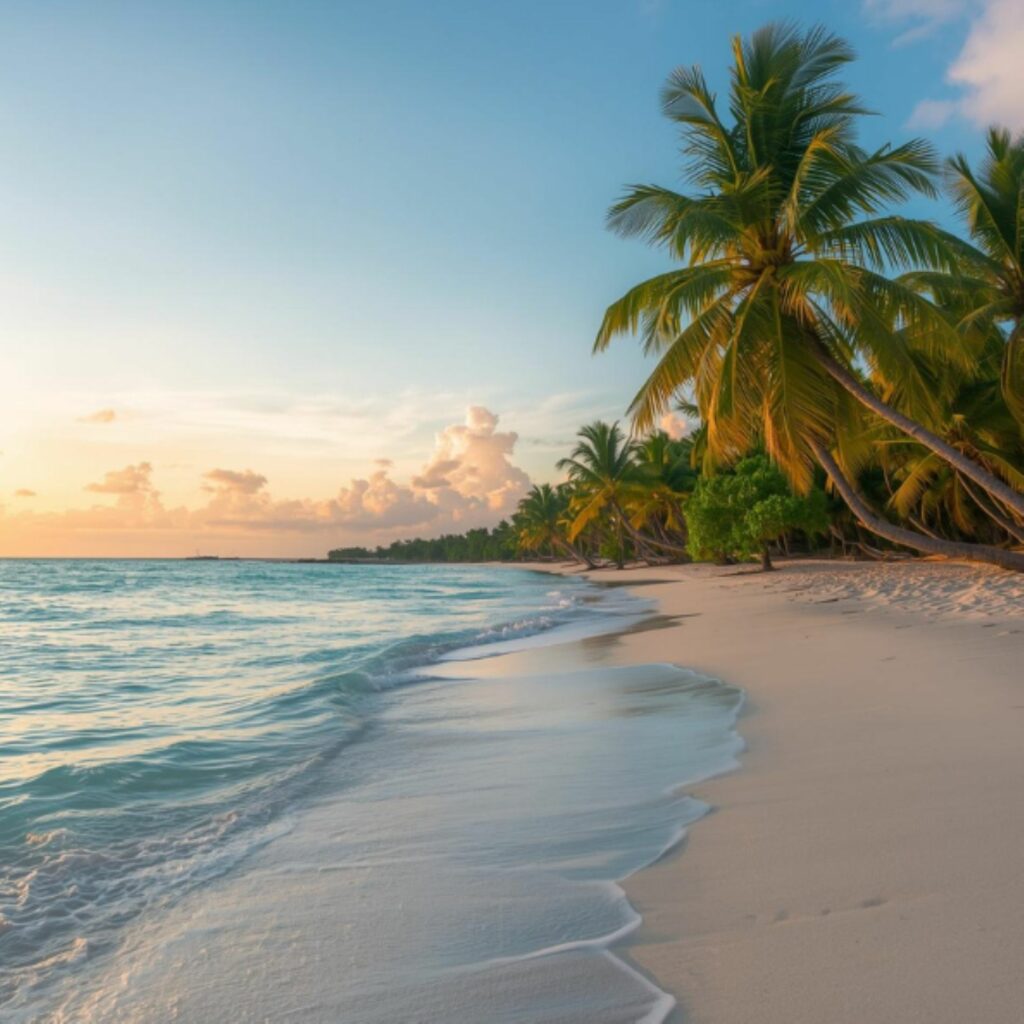 Plage avec palmiers et sable blanc symbolisant une heureuse année 2026 avec Spa Sensorials.
