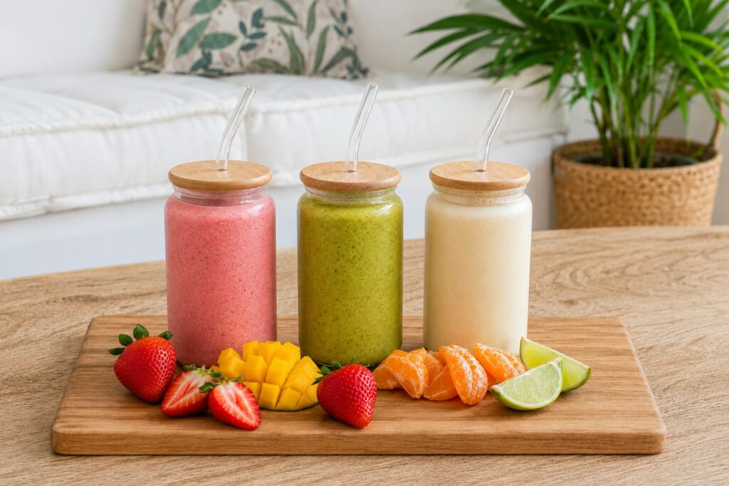 Smoothies maison savoureux aux fruits colorés, servis dans le salon gourmand de l'espace bien-être à Levens