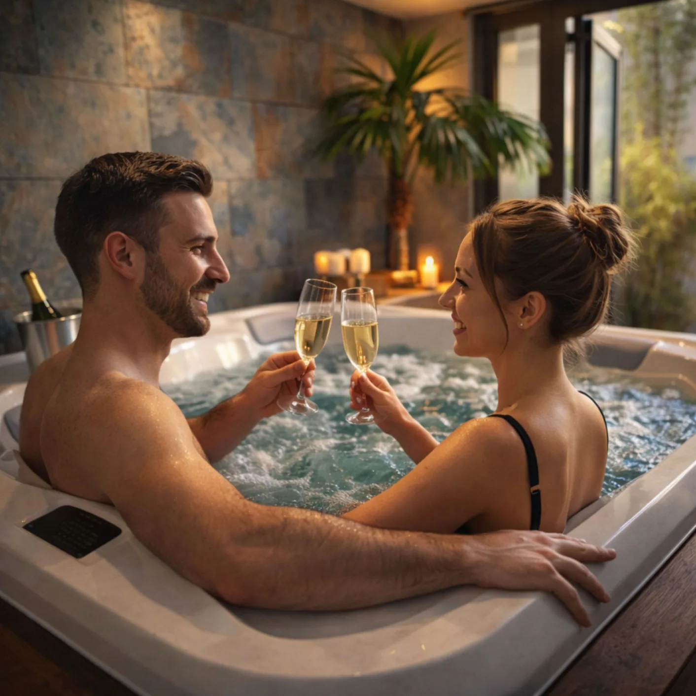 Moment romantique couple dans spa jacuzzi privatif dans un espace bien-être à Levens dédié à la détente et à la relaxation
