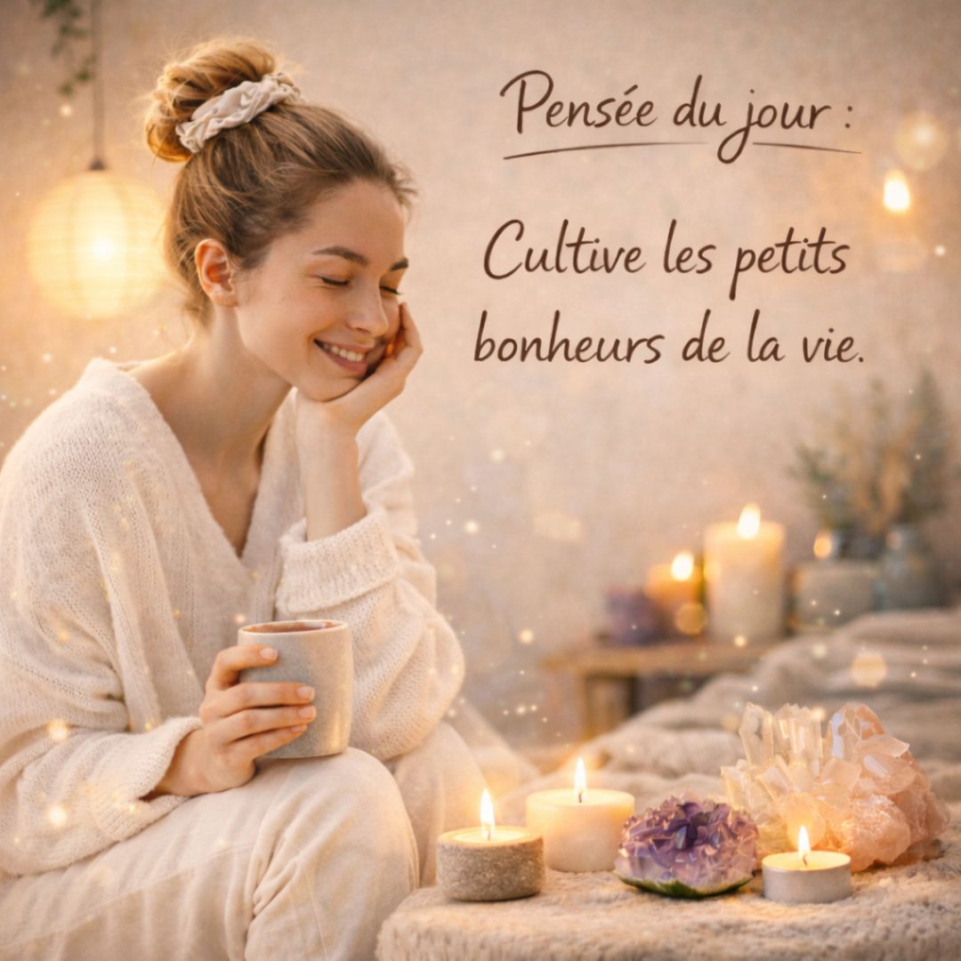 Femme assise buvant le thé avec des bougies et pierres précieuses évoquant la pensée du jour de l'espace bien-être.